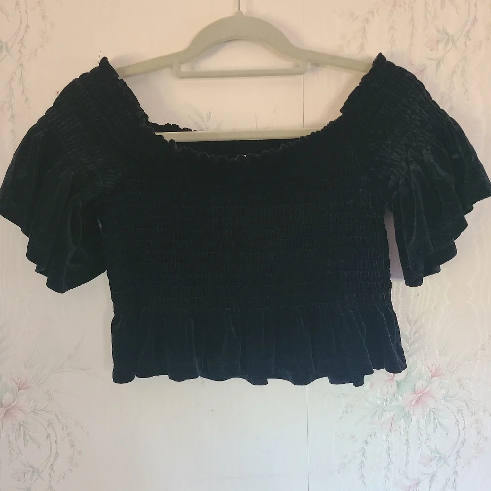BP black Velvet Off The Shoulder Ruffle Crop Top - Picture 5 of 5